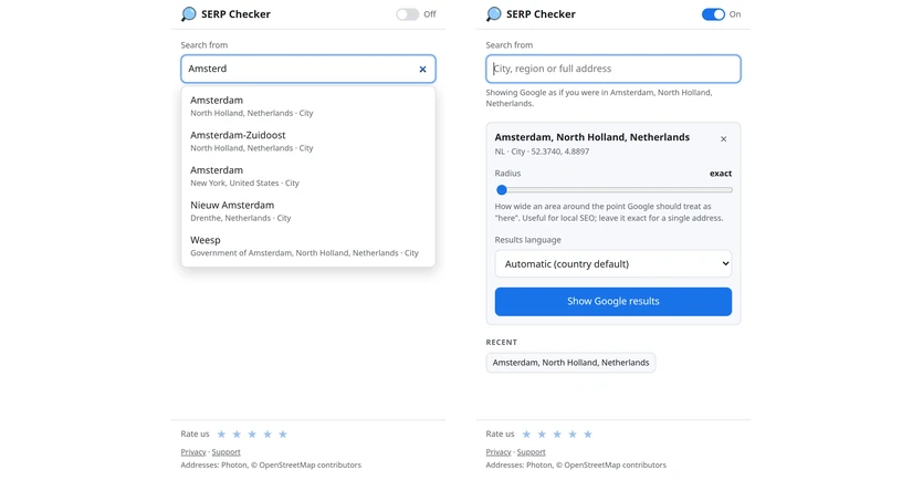 The SERP Checker side panel, searching for a city and showing the selected location